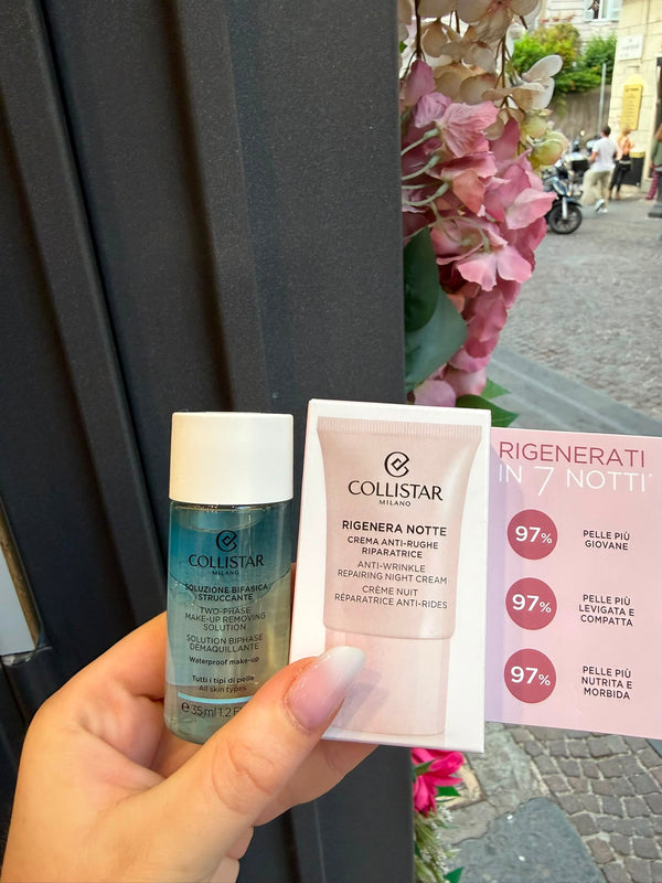 Promo 2pz Collistar travel size soluzione bifasica struccante+ crema antirughe